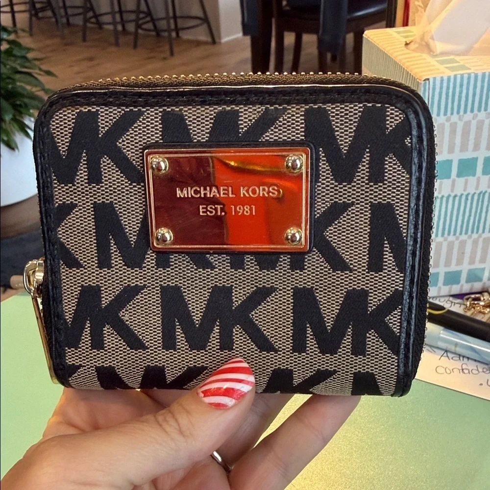 Michael Kors Black and Brown Logo Wallet MK small card coin purse designer